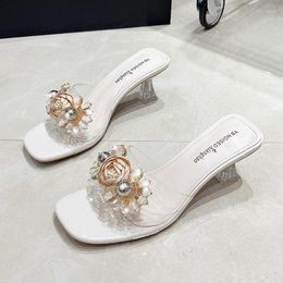 Slippers Fashion Woman Casual Mules Strange Mid Heels Shoes Slides Transparent Flower Summer Plus Size Zapatos