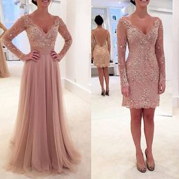 Urban Sexy Dresses 2 in 1 Mother of Bride VNeck Beading Formal Wedding Party Gowns Long Sleeves Removable Train Dusty Pink Evening 230606