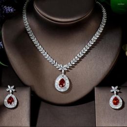 Necklace Earrings Set Fashion Classic Bridal Accessories Anniversary Shiny Red Color Big Water Drop Cubic Zircon Jewelry Ensemble De Bijoux