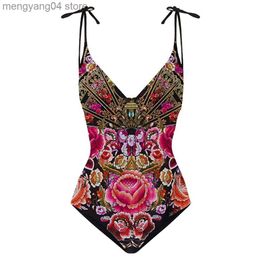 Women's Swimwear Vintage V-Neck Print One-Piece Swimsuit Sexy Bikini 2022 Swimwear For Girls Sun Protection Print Floral Tie Dye Lace Stripe T230606