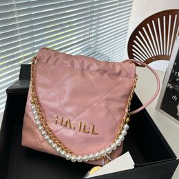 Womens Classic Mini Round Leather Strap 22 Mini Shopping Bags Pearl Chain Handle Totes Coin Lucky Charm Gold Metal Hardware Matelasse Shoulder Handbags 19X21.5CM