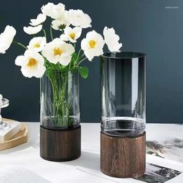 Vases Simple European Hydroponic Plant Household Living Room Table Inserted Flower Wood Base Transparent Glass Vase Home Decor