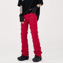 Mens Jeans Streetwear Red White Balck Men Slim Straight Ripped Hole Patchwork Pleats Hip Hop Punk Rock Pants Y2k Denim Trousers 230606