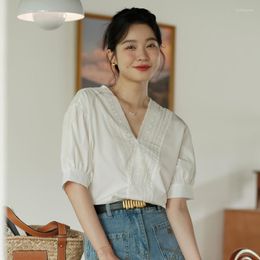 Women's Blouses V-Neck Lace Patchwork Short Sleeve Blouse 2023 Summer Beige Temperament Single Brested Women Shirts Office Lady Tops