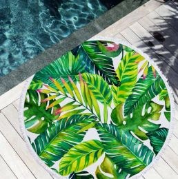 Top Quality The latest 150CM round printed beach towel, green plant style plus peach skin, tassels soft feel