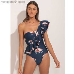 Women's Swimwear 2022 One Piece Swimsuit Printed One Shoulder Ruffle Swimwear Women Push Up Beach Wear Backless Monokini Sexy Swim Suit T230606