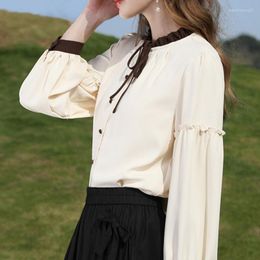 Women's Blouses Women Ruffle Stand Collar Lace Up Chic Sweet Preppy Style Blouse Elegant Vintage Long Sleeve Button Shirt Casual Fashion