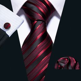 Neck Ties Male Luxury Tie For Men Business Red Striped 100% Silk Set BarryWang Fashion Design Neckwear Drop LS5022 230605