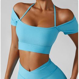 Yoga Outfit CUTIES Ribbed Short Sleeve Fitness Top Woman Halter Gym Workout Sports Bra Sexy Crop Tops Running Seamless Bras Sportswear