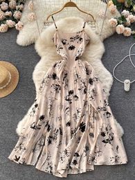 Casual Dresses Romantic Women's High Split 2023 Summer Elegant Wallpaper Gothic Black Flower Print Long Party Dress P230606