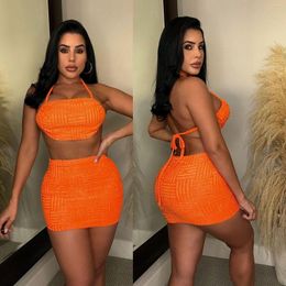Work Dresses Women Waffle Midi Mini Skirt Suit And Halter Neck Crop Top 2023 Street Beach Holiday Sexy Two 2 Piece Dress Set Outfit