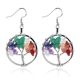 Colourful Gravel Life Tree Earrings Natural Crystal Stone Earrings Ear Studs Women's Jewellery Accessories