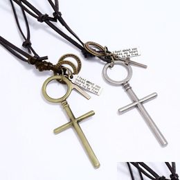 Pendant Necklaces Retro Jesus Cross Necklace Adjustable Leather Chain For Women Men Punk Fashion Jewellery Gift Drop Delivery Pendants Dhgve