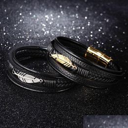 Bangle Gold Stainless Steel Feather Charm Bracelet Cuff Mtilayers Wrap Genuine Leather Bracelets Wristband For Men Fashion Jewellery D Dhgj1