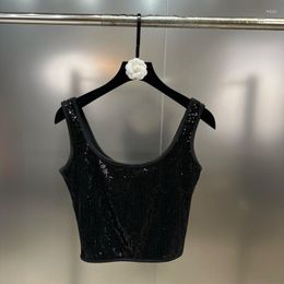 Women's Tanks PREPOMP 2023 Summer Collection Sleeveless Big Round Neck Black Sequins Crop Top Women Vest 329