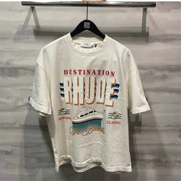 Rhude Summer Cotton Holiday Slogan Printed Couples 1 Short Sleeve T-shirt White S-xl O7z1