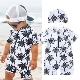 Two-Pieces born Baby Infant Boys Swimsuit with Hat Cartoon Tree Print Short Sleeve Round Neck Half Zipper Jumpsuit Bathing Suit 230606