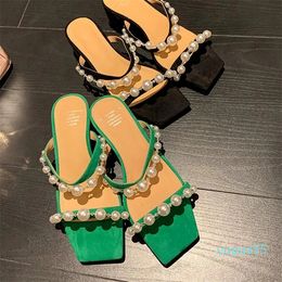 Dress Shoes Pearls Women Pumps Party Kid Suede Square Heel Sandals Spring Summer Open Toe