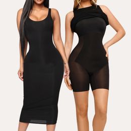 Womens Shapers Large Size Shaping Skirt Waistband Buttocks Chest Support Corset 2in1 Vest Bodysuit Long Sleeveless 230605