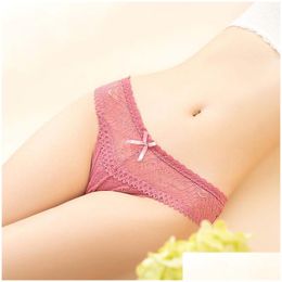 Women'S G-Strings Women Lace Bow Panties T Back Lady Underwears G String See Through Brief Thong Sexy Lingerie Underwear Clothing Dr Dh32M