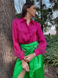 Women's Blouses RDMQ 2023 Feather Cuffs Elegant Women Shirts Rose Pink Oversized And Tops Splicing Spring Satin Office Ladies