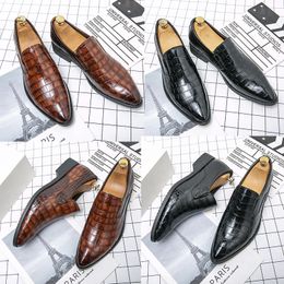 Brand Designer Men Loafers Shoes Genuine Leather Brown Black Crocodile Pattern Pointed Business Leather Shoes Dress Shoes Slip On Wedding Shoes Size 38-48 107