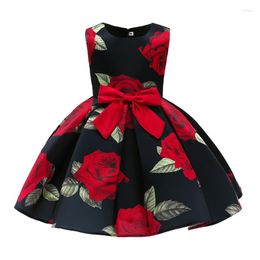 Girl Dresses 2023 Christmas Dress Baby Princess Kids Rose Print Pattern With Bow Birthday Party Clothes Children Years