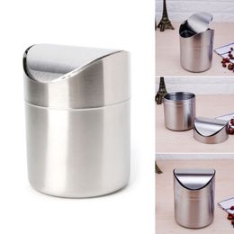 Waste Bins Stainless Steel Desk Trash Bin Countertop Waste Can With Swing Lid 1.5 L Mini DustBin 230605