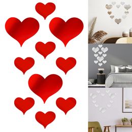 10Pcs Love Heart Mirror Wall Stickers Acrylic 3D Art Wall Decals DIY Artistic Craft Wall Ornament Room Mural Home Wedding Decora