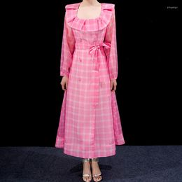 Casual Dresses Sweet Pink Plaid For Women 2023 Elegant Long Sleeve Midi Vestidos Spring Summer Korean Fashion Clothing