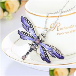 Pendant Necklaces Crystal Rhinestone Dragonfly Necklace Antique Sier Enamel Chain Animal Model Fashion Jewelry For Women Gift Drop D Dh1Gs