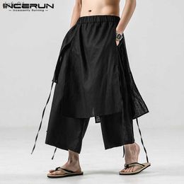 INCERUN Solid Colour Men Casual Pants Joggers Elastic Waist Loose Irregular Skirt Trousers Men Streetwear Harajuku Wide Leg Pants L230520