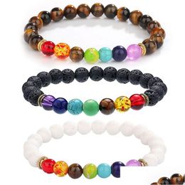 Beaded 8Mm Natural Stone Tiger Eye Strand Bracelets For Women Men 7 Chakra Mala Bead Reiki Healing Meditation Bracelet Braided Rope Dharc