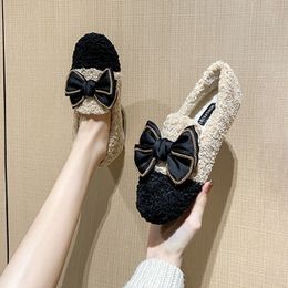 Winter Womens Shoes Large 42/43 Fashion Bowknot Contrast Color Sheep Cake Wool Warm Round Head Rubber Sole Non slip Bean Shoes