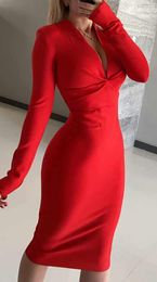 Casual Dresses 2023 Women Colour Fashion High Quality Red Blue White Brown Long Sleeve V Neck Bandage Party Dress Wholesale