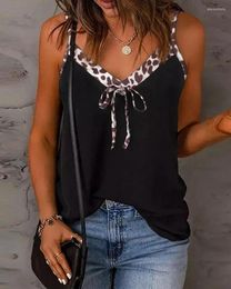 Women's T Shirts Summer Woman Casual Spaghetti Strap Contrast Leopard V-Neck Tied Detail Sleeveless Top