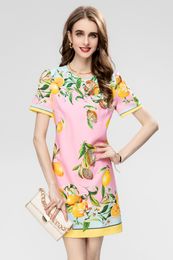 Основное повседневное платье Европейская мода 2023 Весна Новая круглая шея жаккардовая юбка танка с лимонной принтом Тяжело рабочее платье с бриллиантом