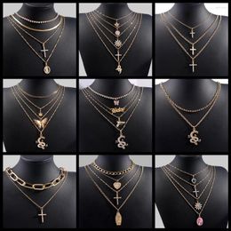 Chains Flatfoosie Boho Multi-layer Crystal Dragon Pendant Necklaces For Women Cross Portrait Metal Choker Necklace Fashion Jewellery