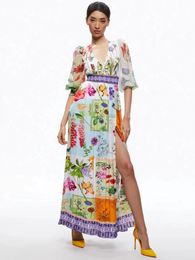 Runway Dresses Designer-Kleid 2023 Frühjahr/Sommer zeigen neues bedrucktes langes Kleid mit V-Ausschnitt