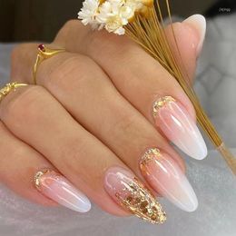 False Nails 24pcs Shiny Gold Foil Fake Gradient Almond Head Press On Nail Tips Girl Wearable Fashion Glitter Artificial Patch