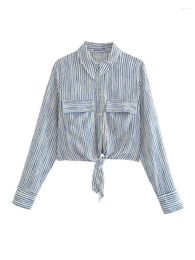 Women's Blouses ZXQJ 2023 Women Fashion With Knotted Stripe Print Vintage Long Flared Sleeves Button-up Female Shirts Blusas Top