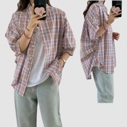 Women's Blouses Fashion Long Cotton Cheque Oversized Shirt Top Women Half Sleeve 2023 Summer Female Loose Casual Plaid Blouse BF Style