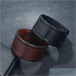 Bangle Punk Simple Cow Leather Cuff Button Adjustable Bracelet Wristand For Men Women Fashion Jewellery Black Drop Delivery Bracelets Dhfaq