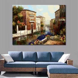 Fine Canvas Art Sleepy Canal Handmade Impressionist Oil Painting Urban Landscape Kitchen Contemporary Decor