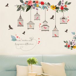 Colourful Flower Birds Birdcage Wall Sticker Decals Wall Art For Home Living Room Bedroom TV Background Garden Window Decor