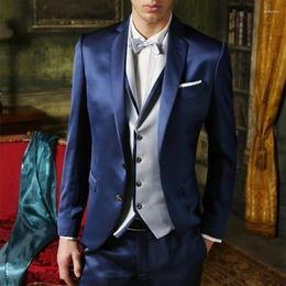 Men's Suits Dark Blue Jacket Pant Silver Vest Costume Homme Groom Tuxedos Mens Wedding Prom Bridegroom Slim Fit (Jacket Pants Vest)