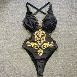 Swim wear Women Beach Wear Suit Sexy Golden Print Swimsuit Swimwear Bikini DeepV Bathing Suits 230605