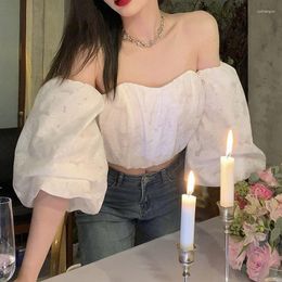 Women's Blouses Strapless Shirt For Women Off Shoulder Embroidery Ruffles Flare Sleeve Sexy Short Tops Summer Fashion 2023 Clothing