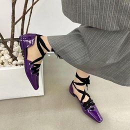 Sandals Square Toe Women Patent Leather Fashion Slides Mules Shoes Flat Low Heels Cross Strap Lace Up Ankle 35-39