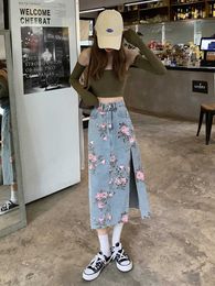 Skirts Spring/Summer 2023 Fashion Flower Split denim Women's 5XL Slight Fat MM Thin Pocket Hip Mid length A-line Tight G220605